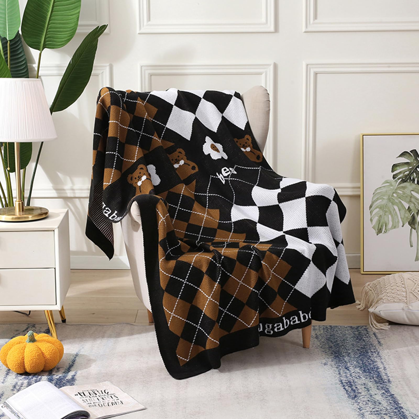 LumiSyne Knitted Throw Blanket French Vintage Style Checkerboard Grid With Cute Bear Pattern Soft Cosy Cashmere Texture Warm Shawl Blanket For Office Nap Decorative Throw For Sofa Bed Armchair