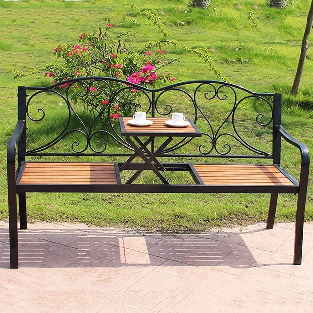59in Park Terrace Bench Cast Iron Garden Bench, Weatherproof Outdoor Lounge Bench with Adjustable Middle Table, 2-Seater (Color : B) (A)