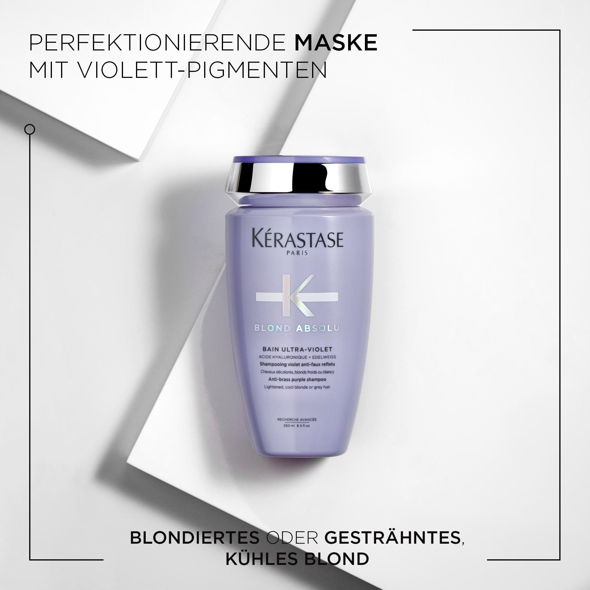 Kérastase Pflegeset mit Anti-Gelbstich Shampoo und Haarspülung für strapaziertes und ausgeblichenes Haar, Mit Hyaluronsäure, Bain Ultra-Violet & Cicaflash Conditioner, Blond Absolu (2 x 250 ml)