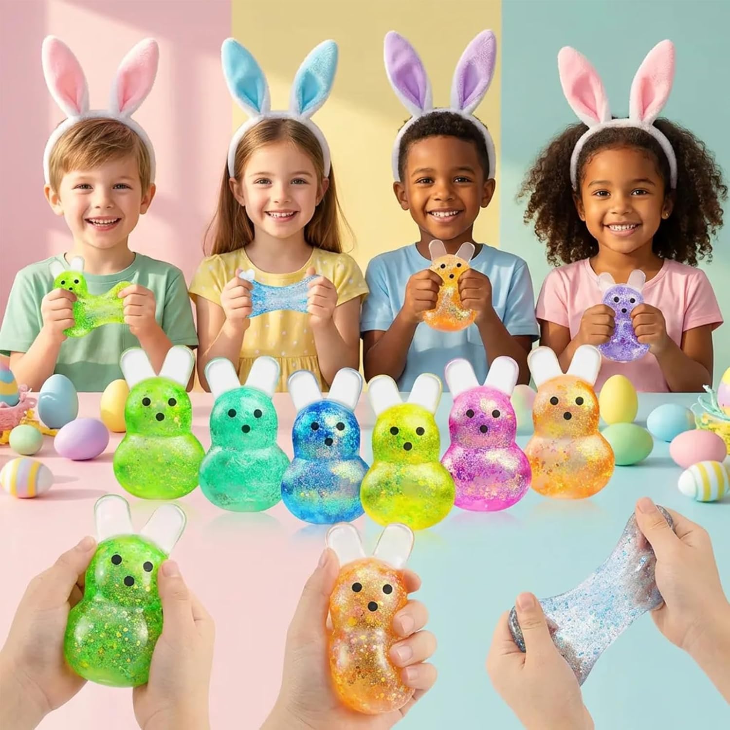 24PCS Easter Squishy,Easter Basket Stuffers Bunny Stress Balls for Kids,Easter Toys Stress Relief Fidget Balls,Easter Egg Fillers Party Favors Gifts