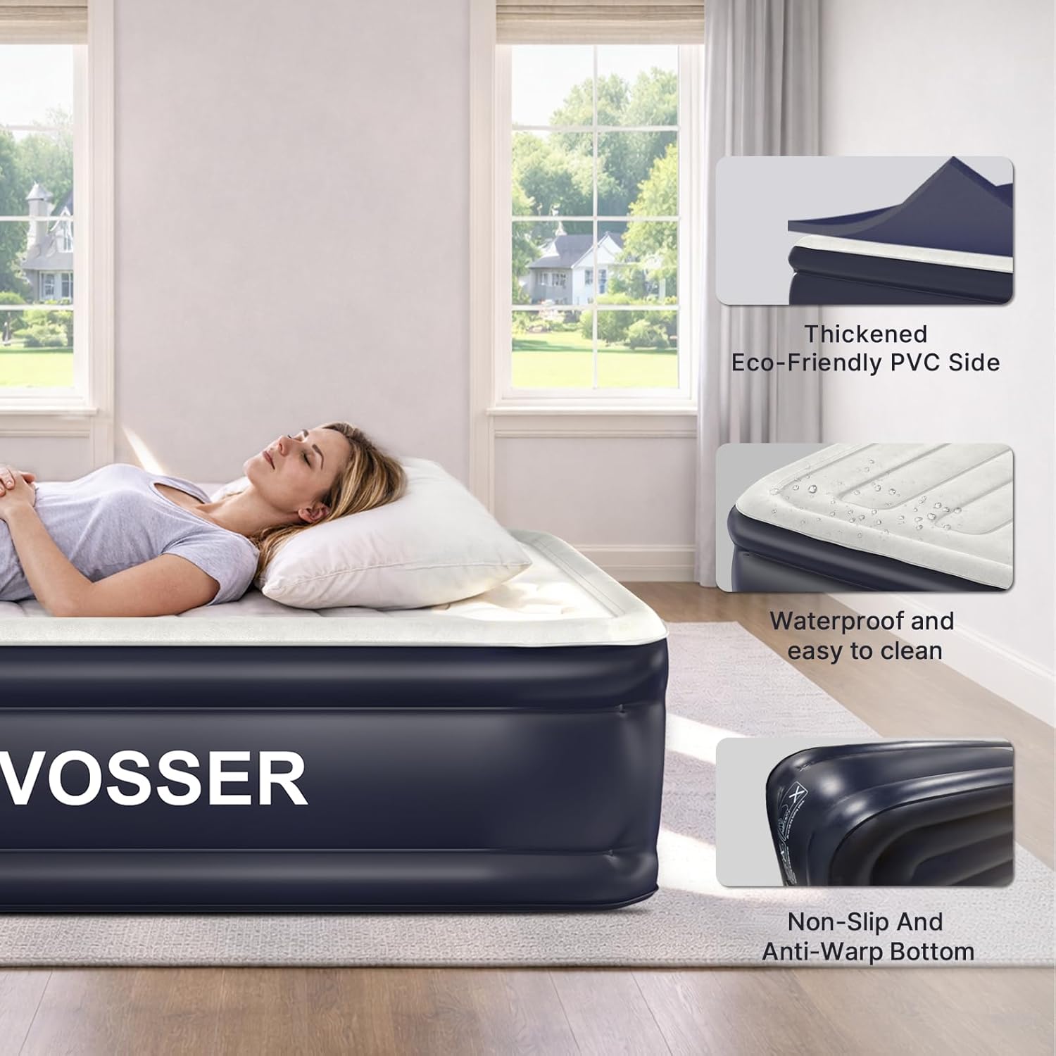 Air Mattress Queen with Built-in Pump, 18" Raised Inflatable Blow Up Mattress,Upgraded Heavy Duty 800lbs Portable Air Bed for Home, Guests,Floor& Camping, Self Inflating Colchon Inflable Queen