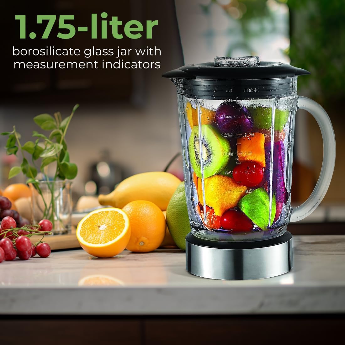 1.75-liter borosilicate glass jar with measurement indicators