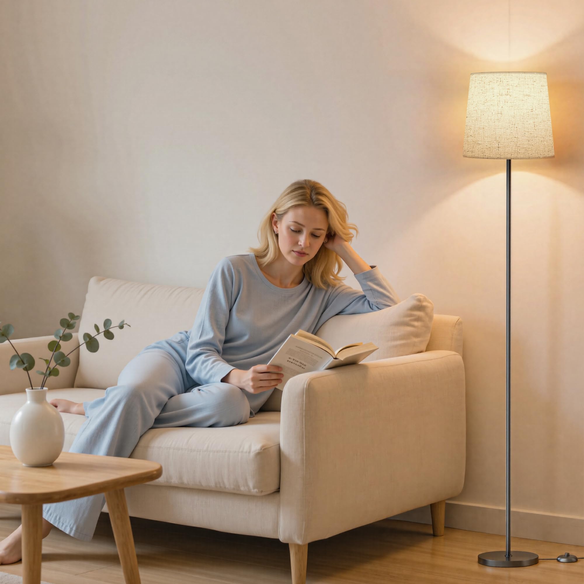 SIBRILLE Lampada da Terra Salotto, 9W con Telecomando e Interruttore a Pedale, 3000K-6000K Lampada da Lettura LED con E27 Lampadina, Lampade da Terra per Camera da Letto e Ufficio, Paralume in Lino