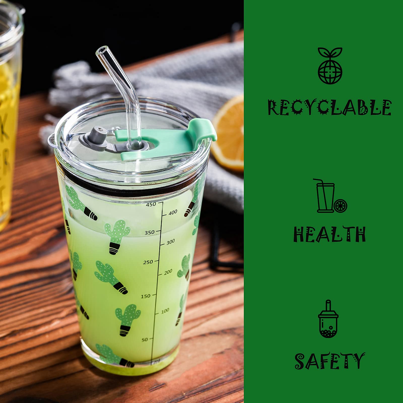 Kamvy Random Design, Cartoon Pattern,Creative Multipurpose Drinking Glass Measuring Mug/Cup with Silicone Straw and Lid Drink for Milk,Tea,Coffee,Juice,Thick Shake Cup & Mug (Set of 1) 400ml 4