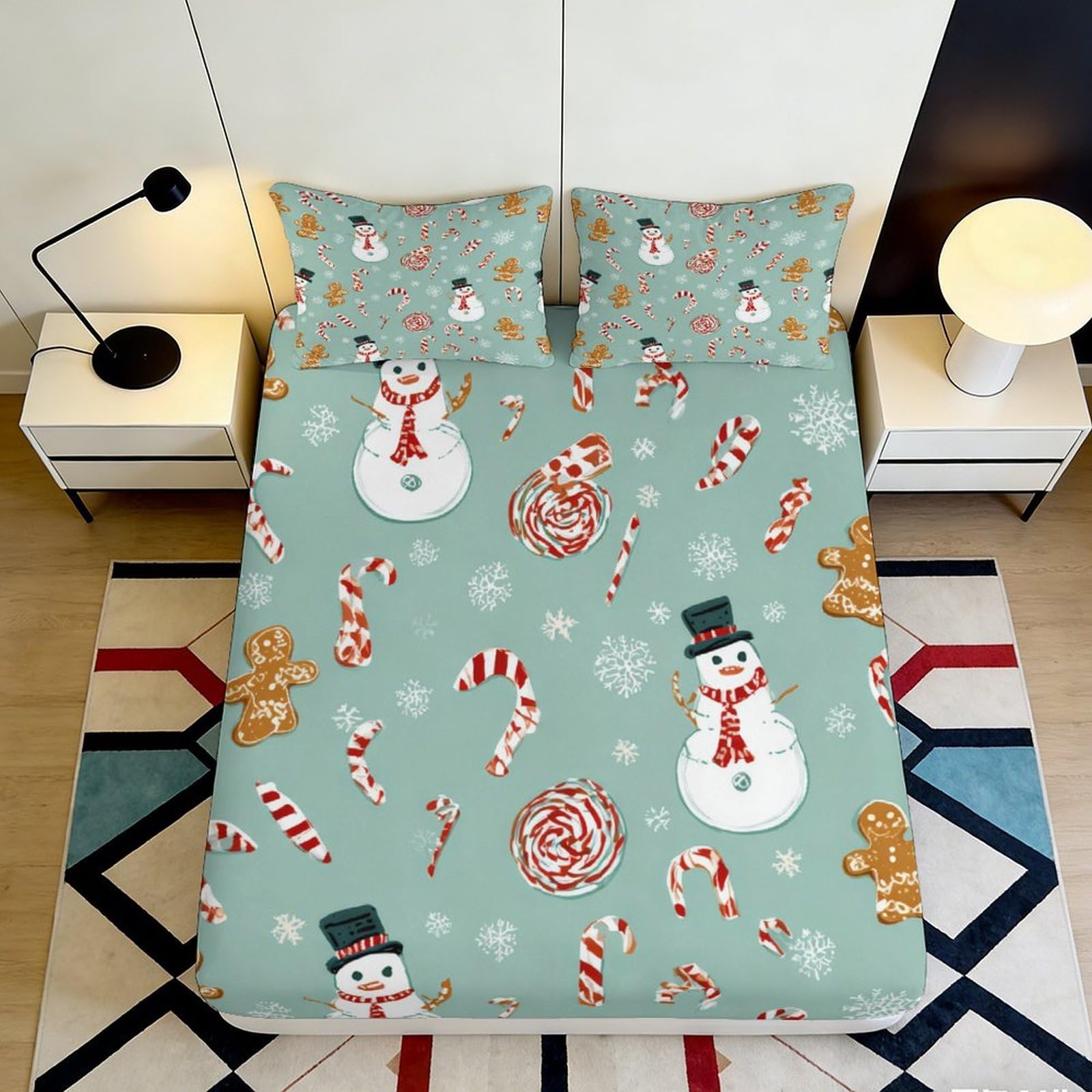 3D Printed Snowman Candy Cane Fitted Sheet Microfiber Soft Mint Green Mattress Cover for Bedroom Guest Room Decor 90x200x25cm