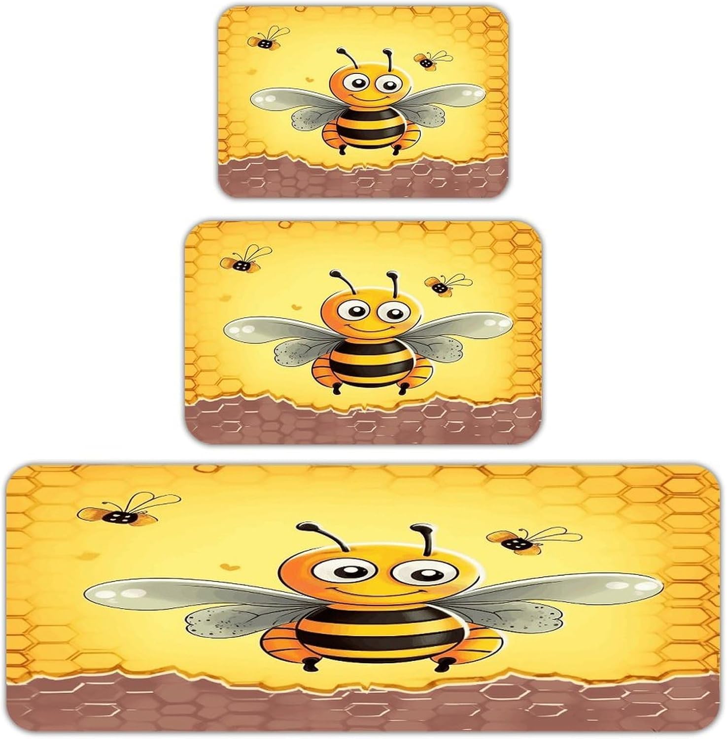 Bee on The Square Kitchen Rugs Sets of 3 Washable Non Slip Kitchen Rug Water Resistant Carpet Piece Anti Fatigue Kitchen Mats Soft Comfort Standing Mat Modern Area Rug