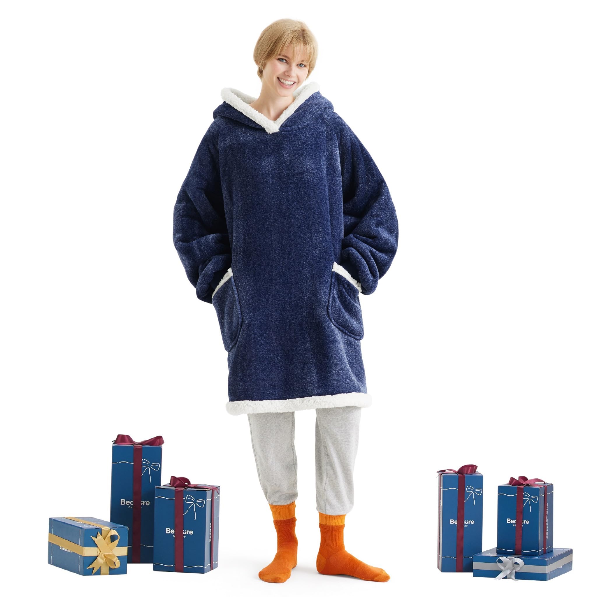 Bedsure Wearable Blanket Hoodie with Sleeves - Sherpa Hooded Blanket Adult as Warm Gifts for Mom Women Girlfriend Men, Winter Sweatshirt Blanket with Giant Pocket (Standard, Ocean Blue)