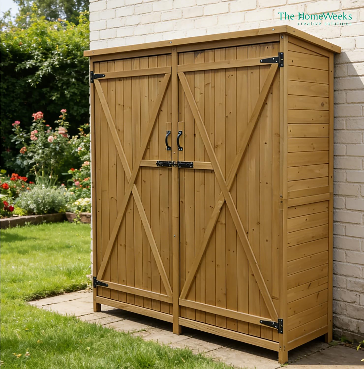 The Homeweeks Cobertizo Armario Jardín ISABA | Madera Tratada Maciza | 135 * 50 * 152cm. | Armario Multiusos Impermeable | Almacenamiento |Doble Puerta con Cerrojo | Cubierta Asfálto Impermeable