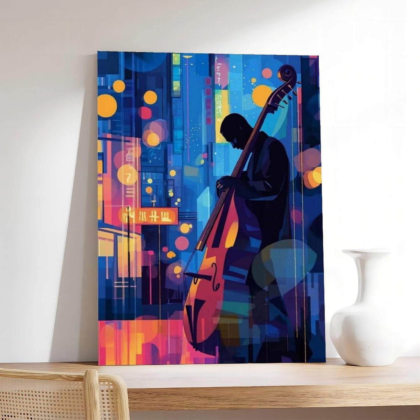 Illustrazione del bassista jazz, poster su tela con musica al neon, decorazione per camera da letto, ufficio, stanza, regalo, 61 cm L x 91,4 cm W