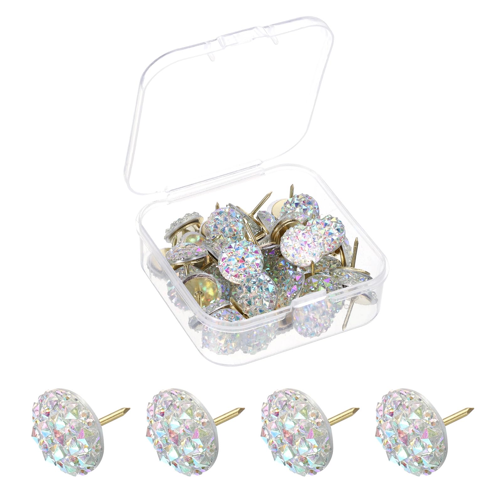 sourcing map 40Pcs Rhinestone Push Pins, 12mmx13mm Shiny Diamond Decorative Thumb Tacks Upholstery Tacks for Cork Board Bulletin Board Wall Hangings, Clear/Gold
