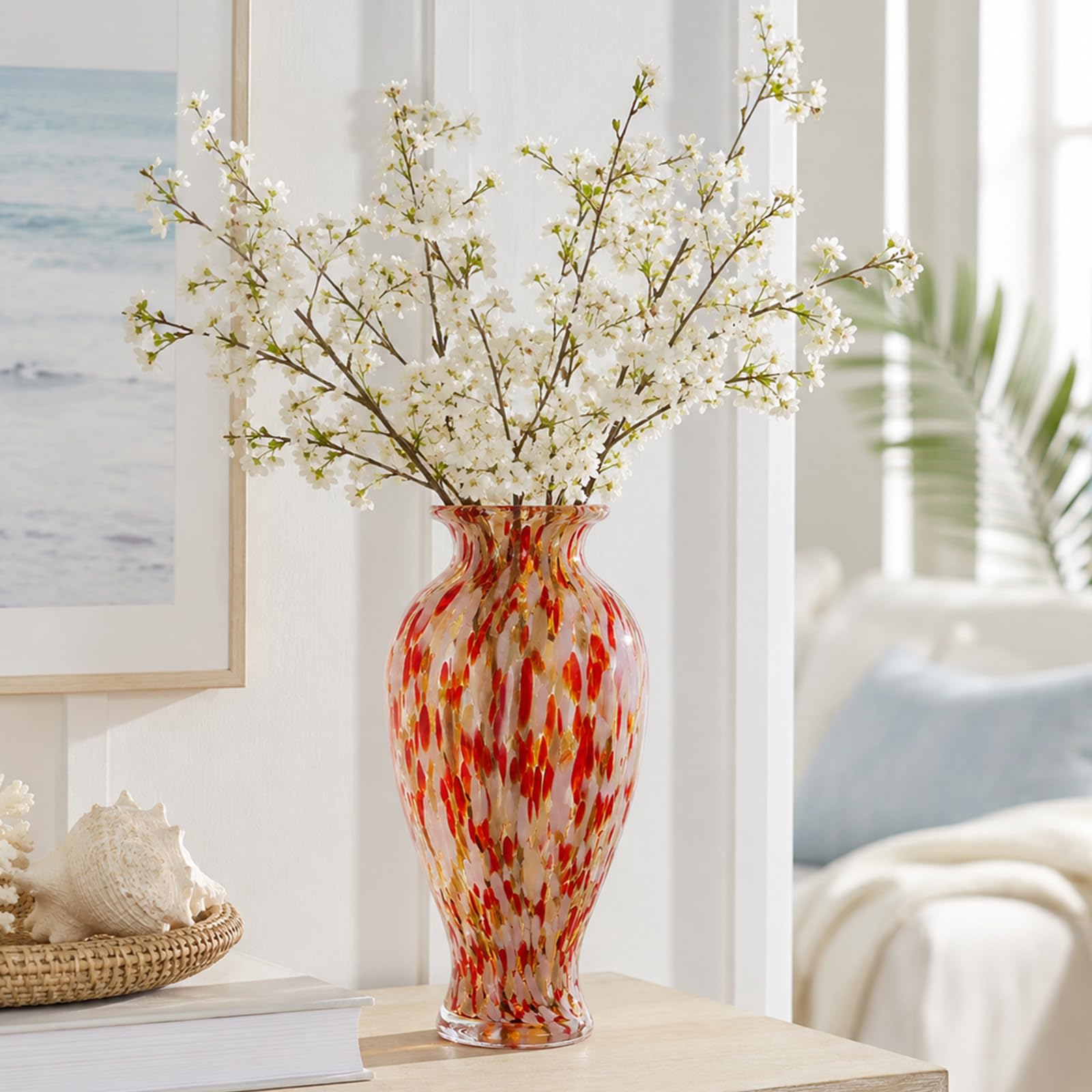 Vase en verre soufflé à la main de 30 cm de haut coloris rouge crème