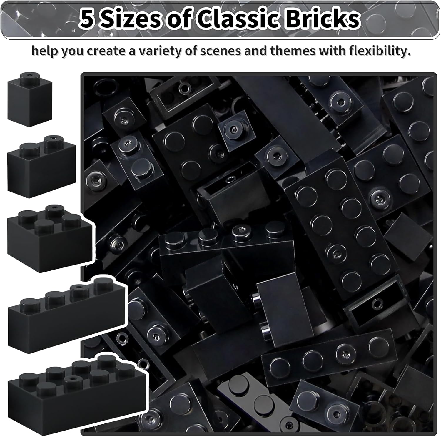 Feleph Black Bricks 320 Pcs Bulk Set Mixed Sizes 1x1 1x2 1x4 2x2 2x4 Classic Building Blocks MOC Parts Compatible with Major Brands