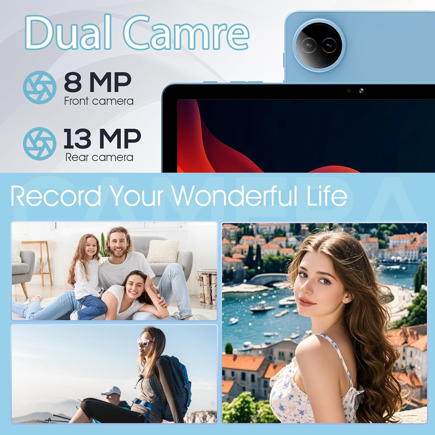 Image highlighting the tablet's dual cameras: 8MP front and 13MP rear, with exampలే ఫోటోలు.