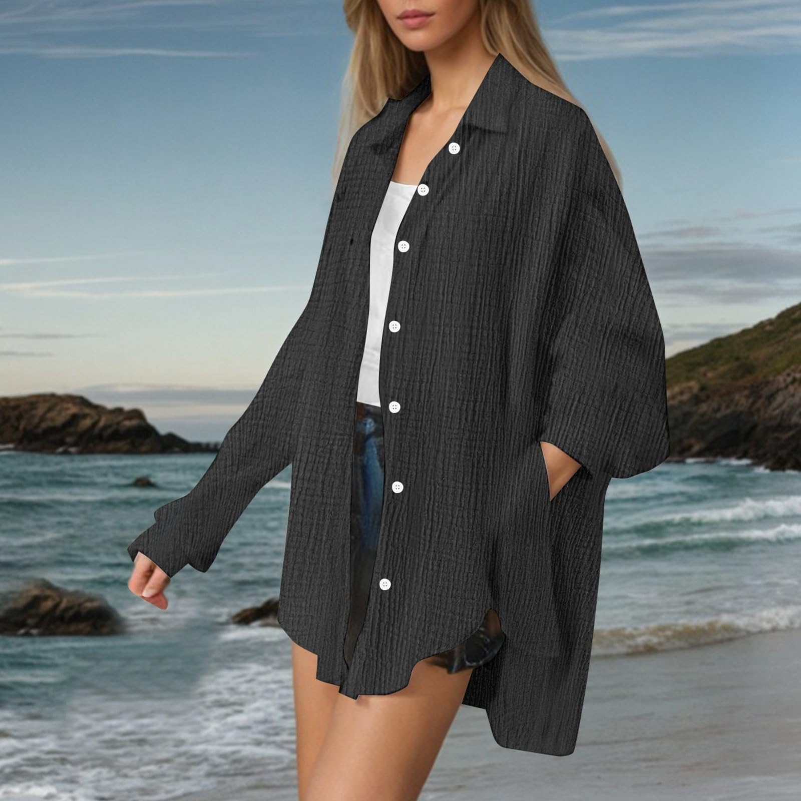 Camisa de gasa con botones para mujer, de gran tamaño, transpirable, de manga larga, con cuello, para verano, de lino, ajuste holgado, ropa de playa, trajes de algodón, estilo informal, color liso