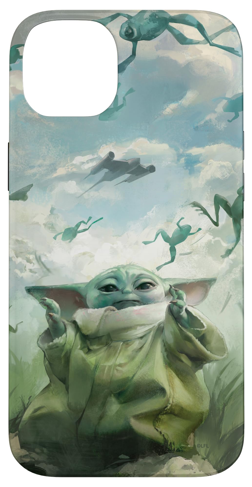 iPhone 14 Plus Star Wars Grogu Floating Frogs and N-1 Starfighter Sky Case