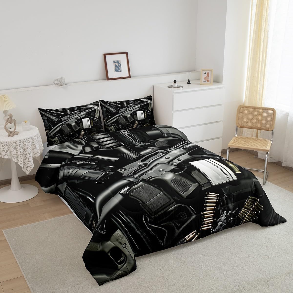 Black Gun Kids Comforter Set Full Size,Firearm Small Arms Bullet War Theme Bedding Set,Boys Man Room Decor,Western American Weapon Down Comforter,Modern Fashion Duvet Insert,2 Pillowcases image 3