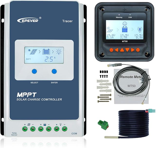 EPEVER MPPT Charge Controller 20A + Remote Meter MT50 + RTS 12V/24V Auto with LCD Display for Solar Panel Power Charging Battery Regulator System (20A + MT50+RTS)