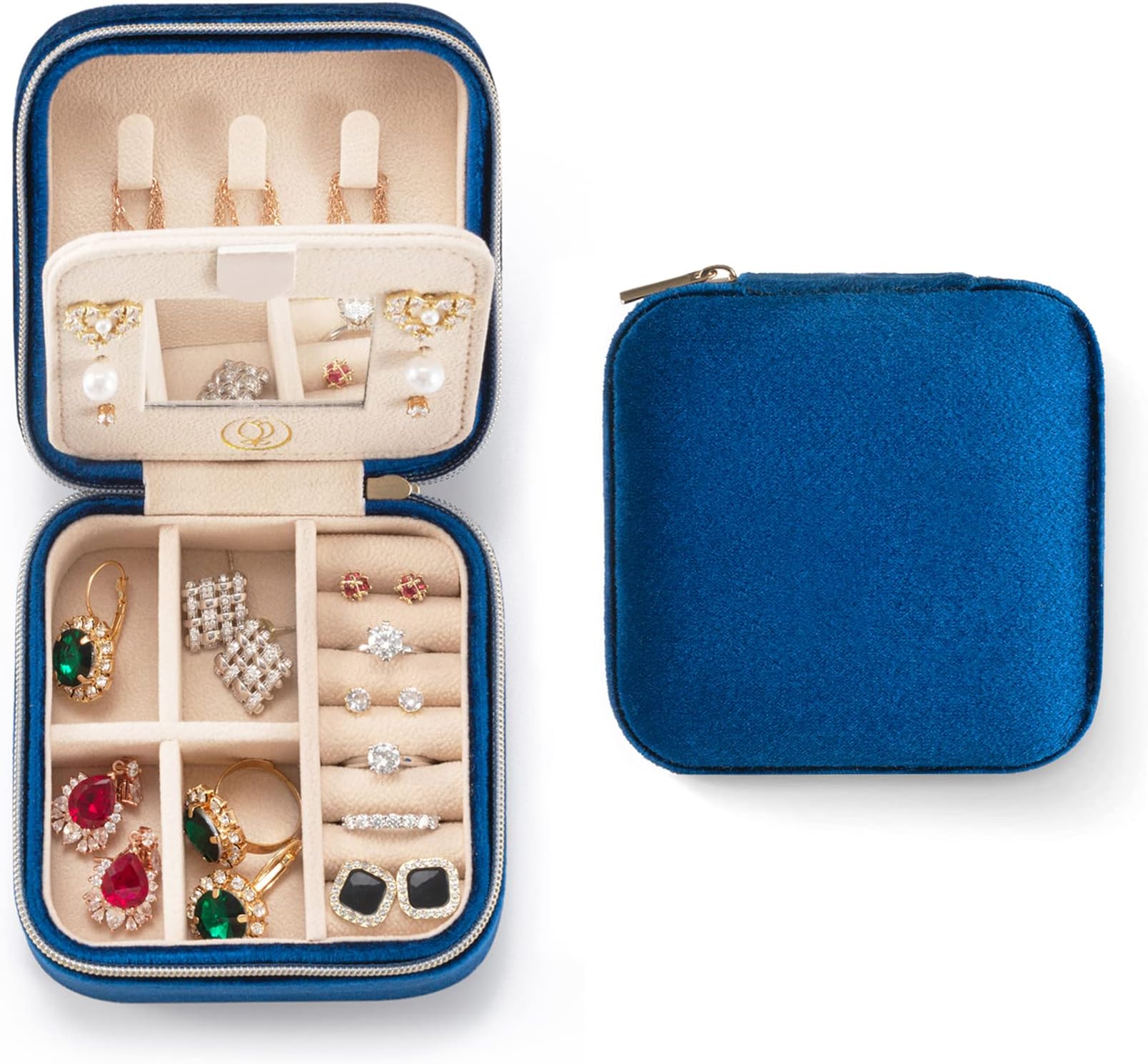 ZPROW Plush Velvet Travel Jewelry Case, Travel Jewelry Organizer, Jewelry Travel Case, Travel Jewelry Box, Small Jewelry Case for Women, Jewelry Travel Box, Earring Organizer with Mirror - Navy Blue