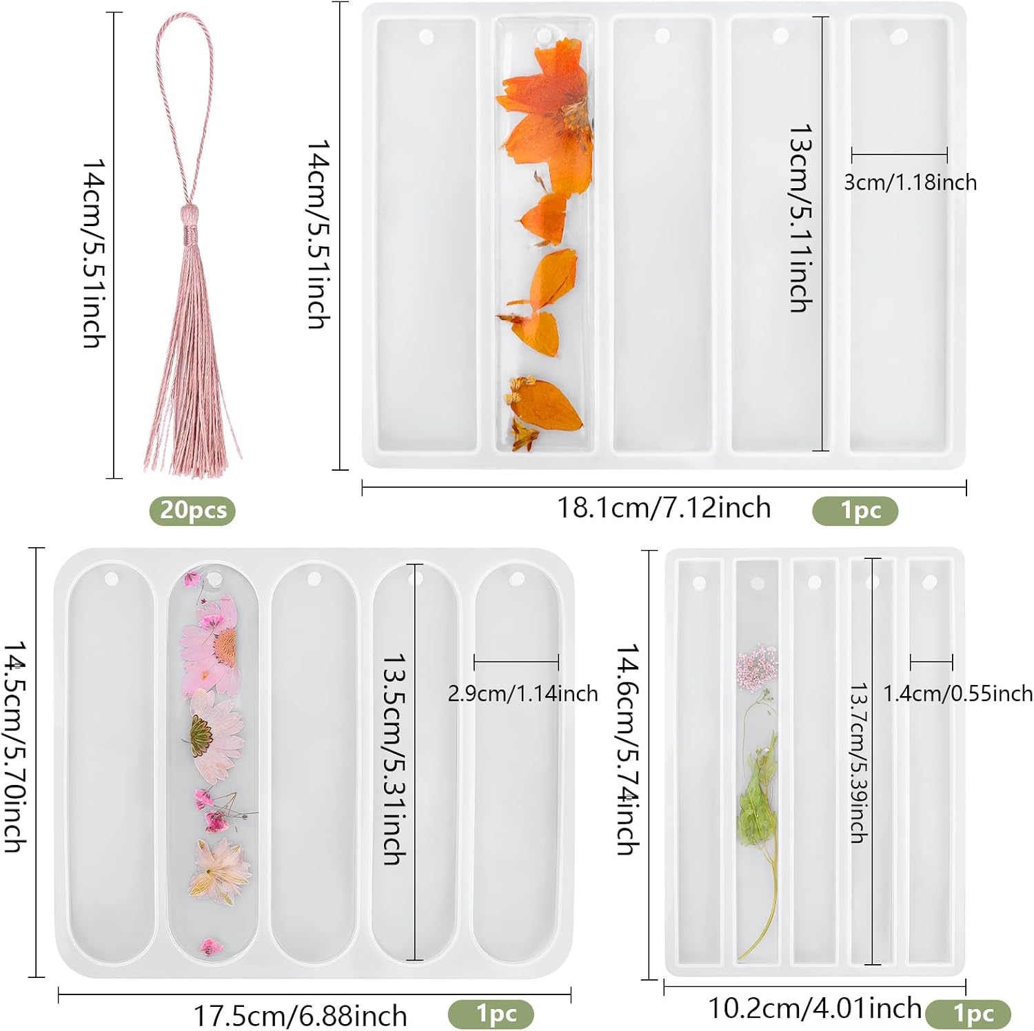 3PCS Shiny Bookmarks Silicone Mold, Rectangle and Oval Bookmark Resin Molds with 20pcs Tassels for Epoxy Resin, Preserving Flowers, DIY Decoration