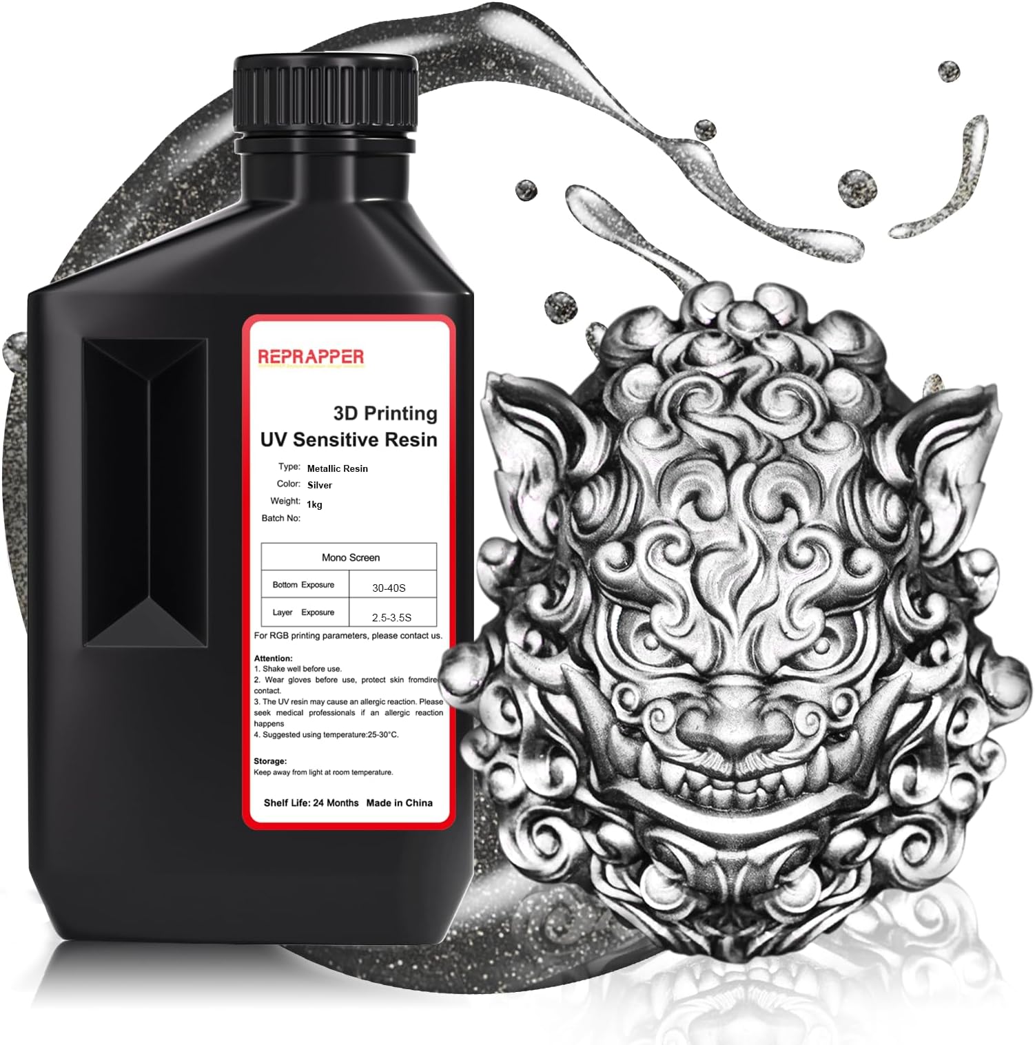 RepRapper Silver MetalShift 3D Printer Resin 405nm Fast UV-Curing Standard Photopolymer 3D Printing Resin with Metallic Shine for LCD Printer, Argent Aura 1000g