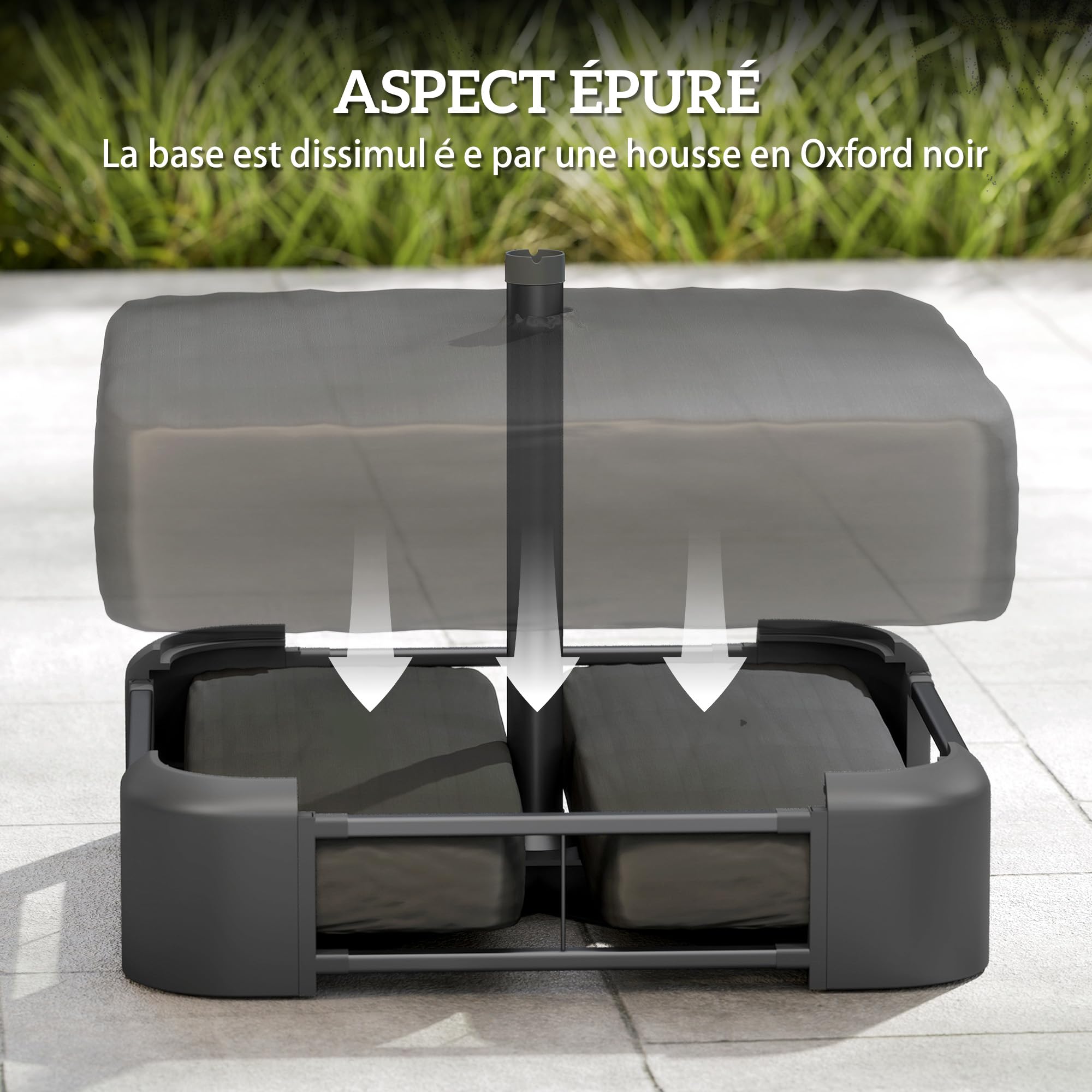 Outsunny Pied de Parasol avec Housse, Socle Parasol extérieur à remplir avec 80kg Sable ou 90kg de Sable Humide, pour mât Ø48mm, Base de Parasol déporté pour Jardin Patio terrasse, 78x78x40cm, Noir