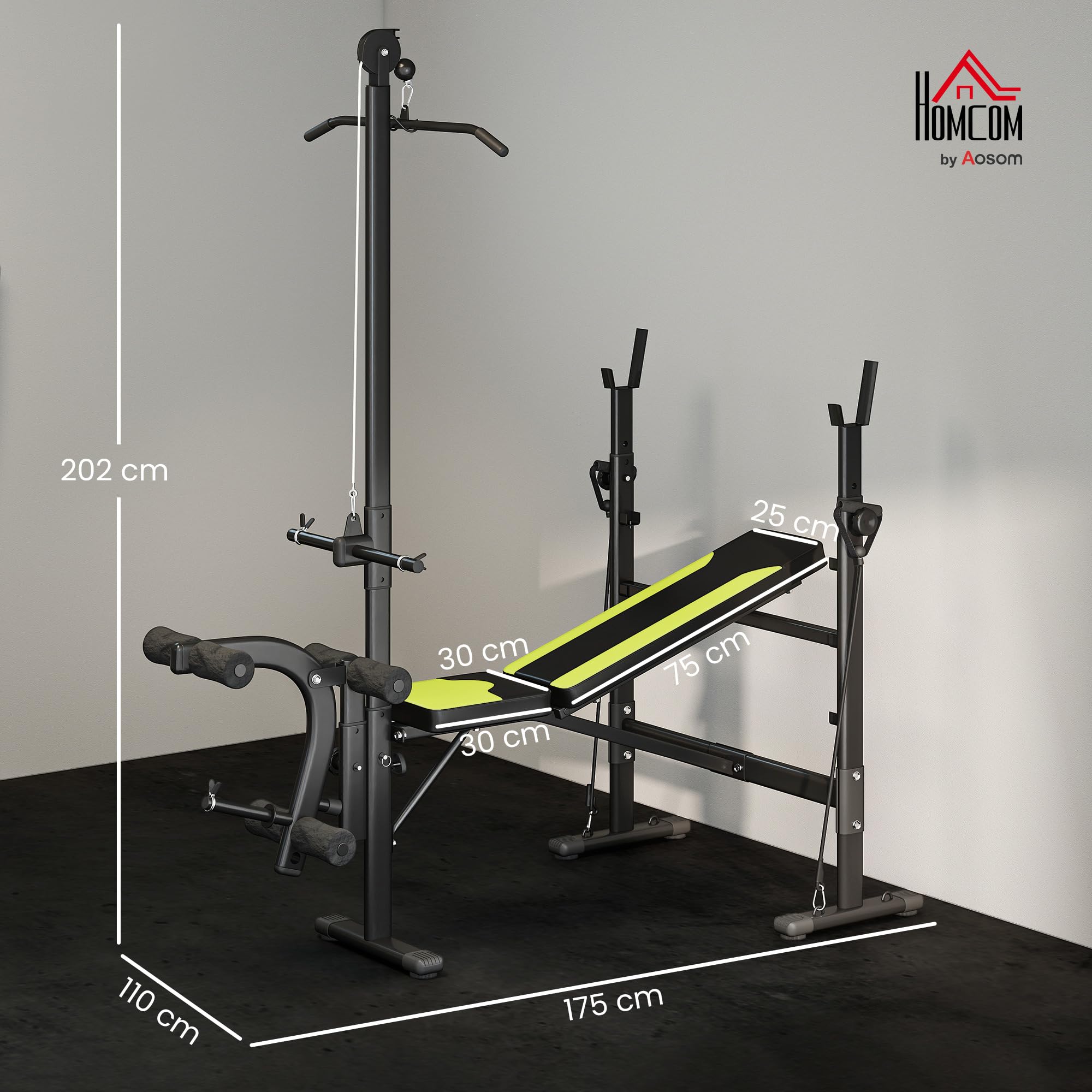 HOMCOM Banco de Pesas Multifuncional Banco de Musculación Reclinable con Altura Ajustable para Fitness Entrenamiento Completo en Gimnasio y Casa Carga 250 kg 175x110x202 cm Negro