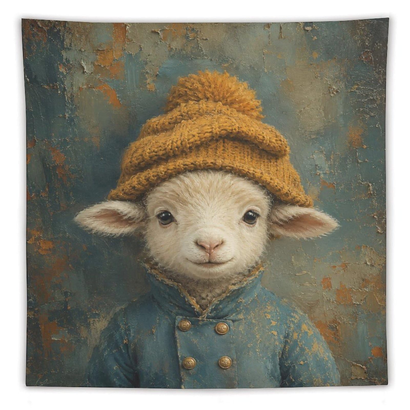 H3B8U2Y5 Vintage Lamb Winter Hat Wall Tapestry, Realistic Illustration