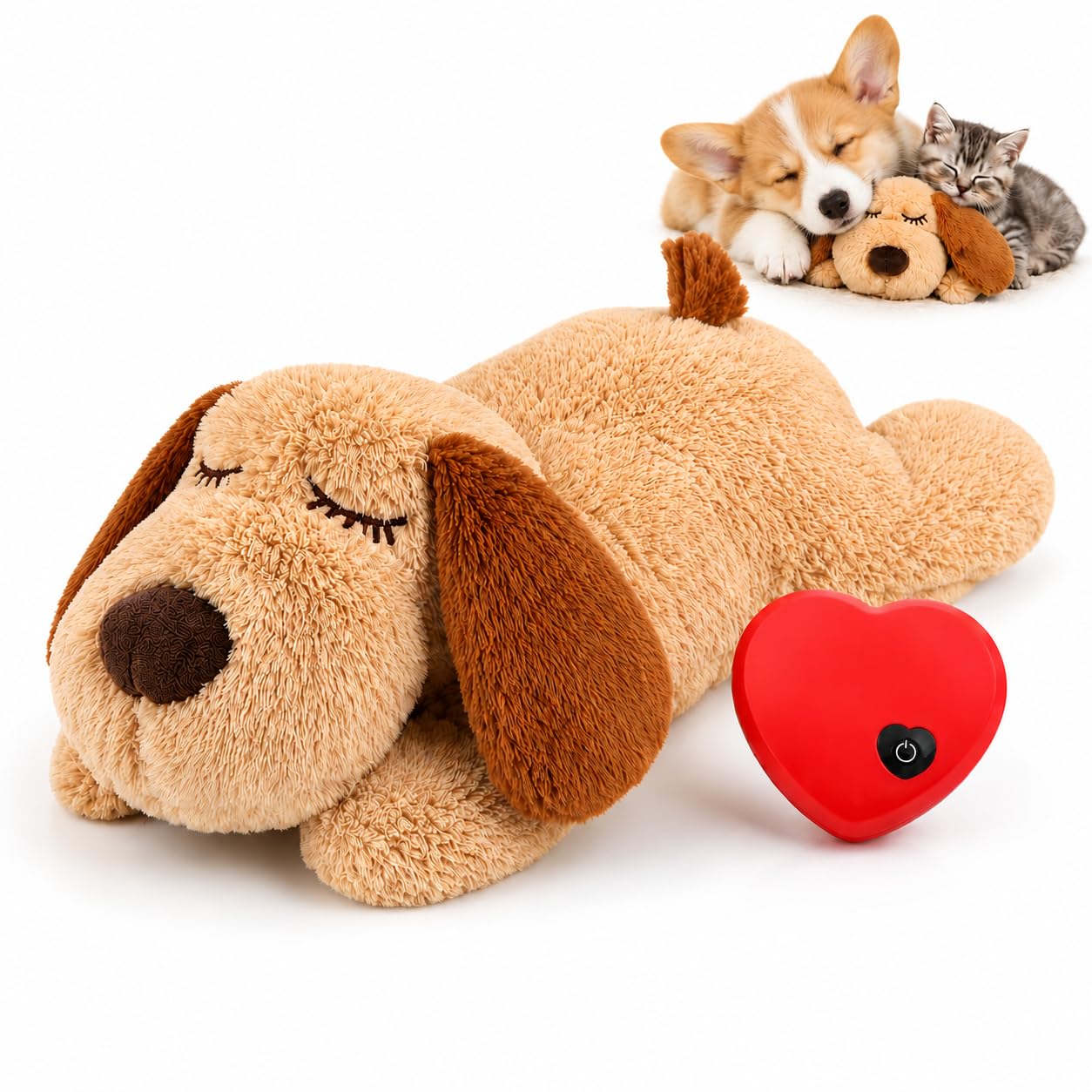 Cat Calming Toy with Realistic Heartbeat, Soft Plush Cuddle Toy (Brown)