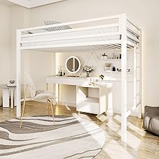 Loft Bed Twin Size with Stairs and Arched Guardrail, Sturdy Metal Slats Support, Space Saving, Noise Free, No Box Spring Needed, Ideal for Kid Room and Dorm, White