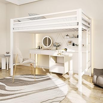 Loft Bed Twin Size with Stairs and Arched Guardrail, Sturdy Metal Slats Support, Space Saving, Noise Free, No Box Spring Needed, Ideal for Kid Room and Dorm, White