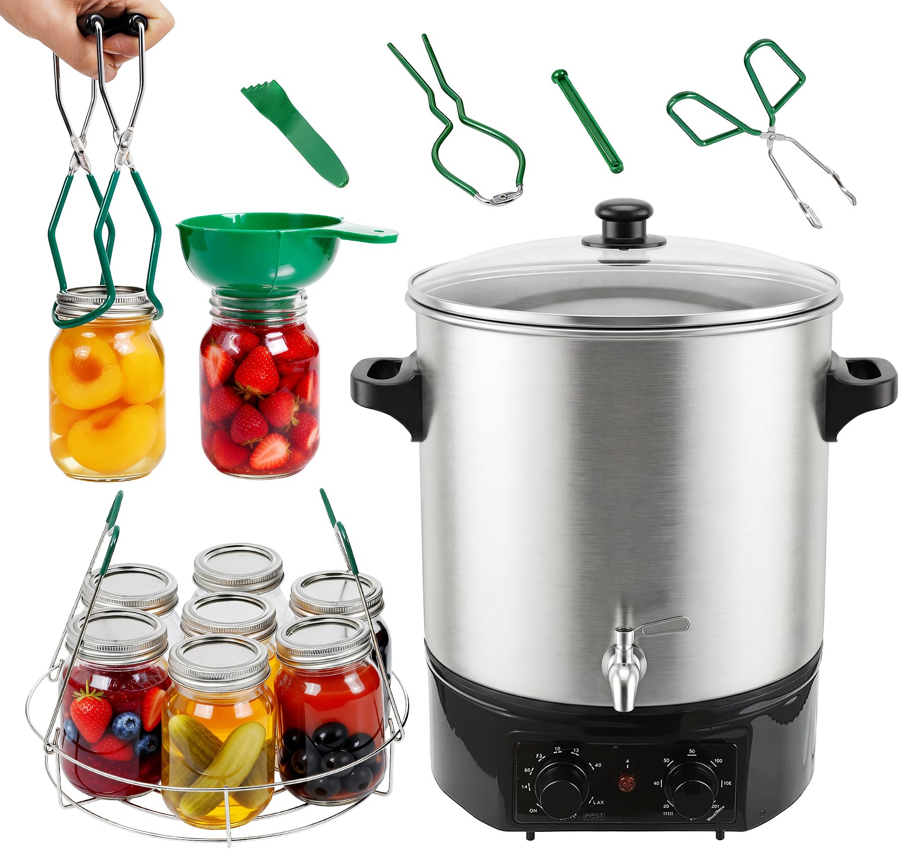 24.5QT Electric Water Bath Canner w/Drain Tap,Digital Control & 7pc Canning Kit:Jar Lifter, Funnel,Debubbler,Jar Wrench,Lid Lifter,Tongs,Adj Temp/