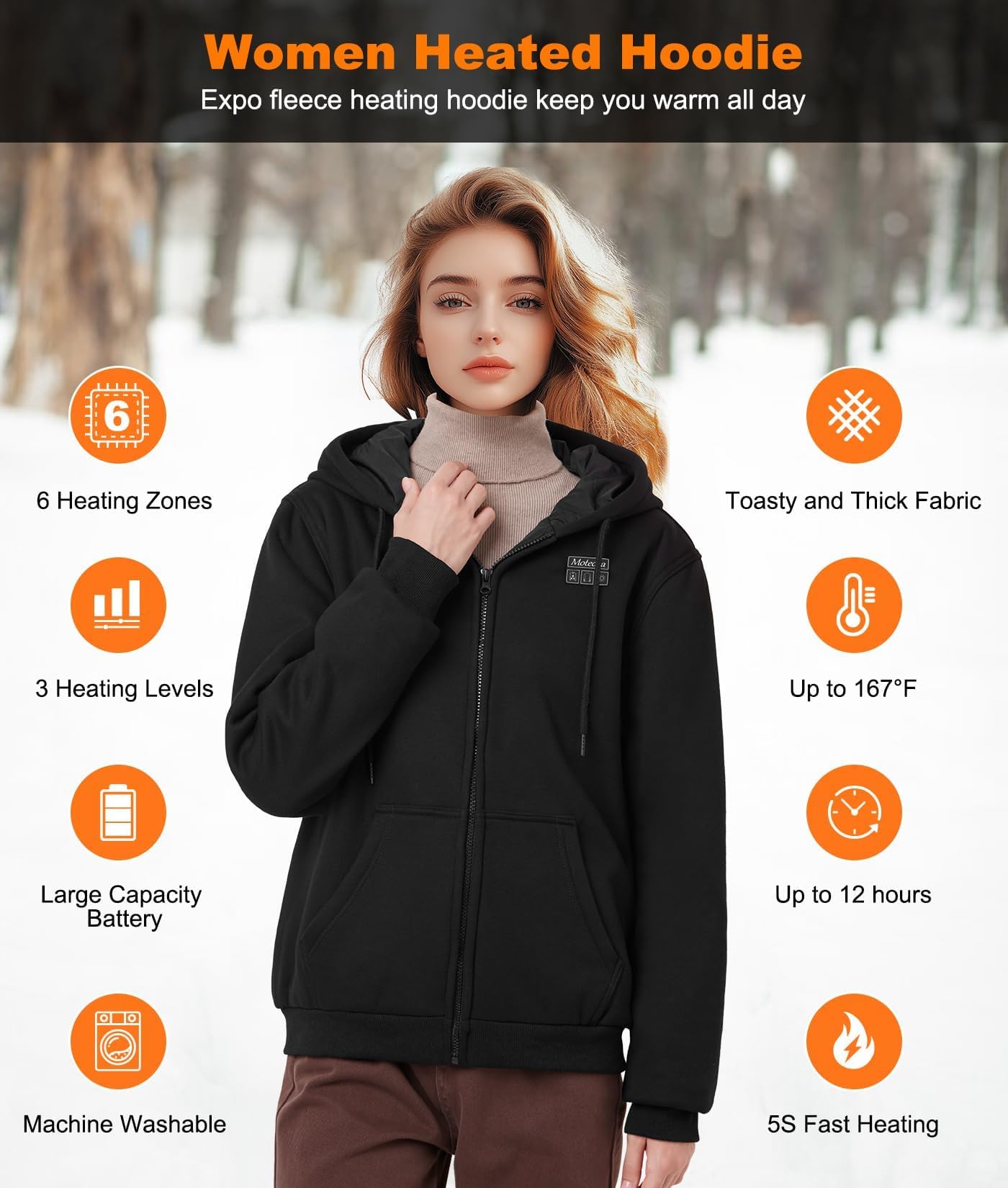 Beheizbarer Hoodie für Damen mit Fleece-Futter 7.4V 16000mAh Akku & 6 Heizzonen 3 Temperaturstufen Herren-Winter-Sweatshirt-Jacke