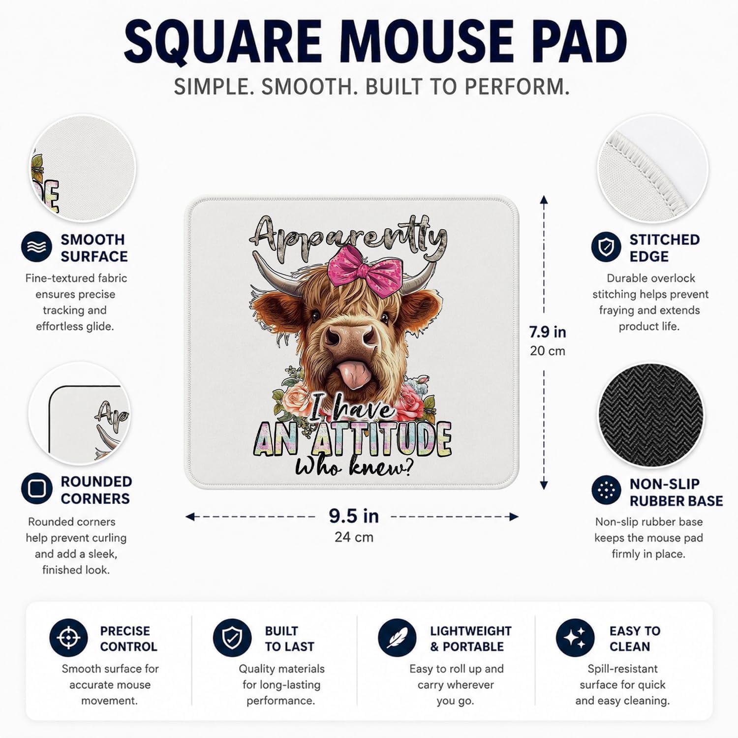 QIYUHOY Highland Cow Office Desk Accessories Mouse Pad Decor, 9.5x7.9 inch image 3