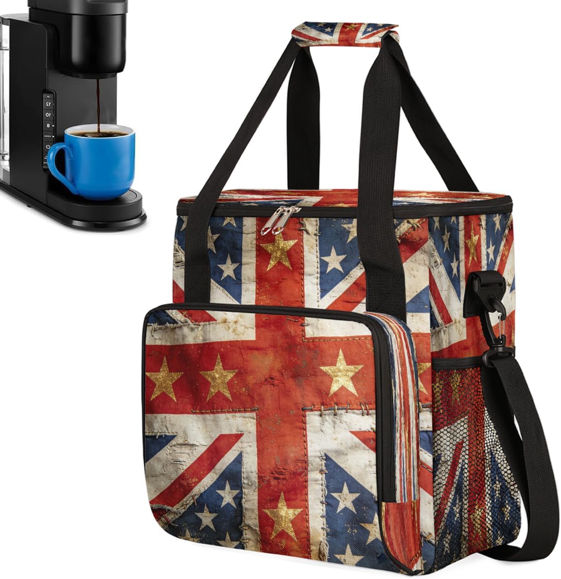 Vintage Union Jack Portable Coffee Maker Carrying Bag Compatible with Keurig K-Mini/K-Mini Plus - Travel Storage Tote with K-Cup Pod Pockets for Single Serve Coffee Brewer