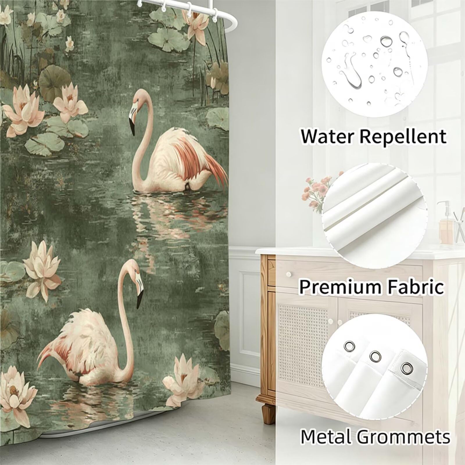 colore senape Tenda Doccia 240x200cm, Tenda per Doccia Tessuto Poliestere Impermeabile Asciugatura Rapida con 12 Anelli, Tende Finestra Bagno e Vasca Pieghevole Shower Curtain Fenicotteri J-438