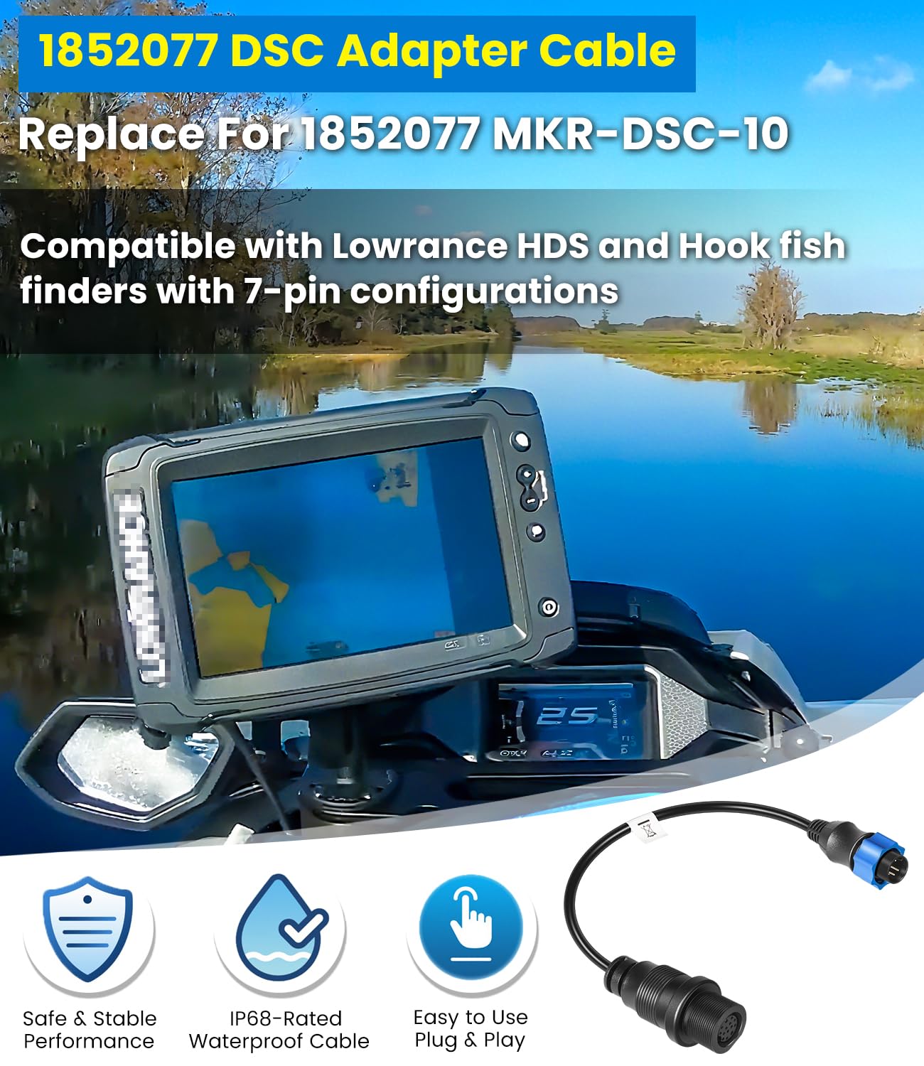 MKR-DSC-10 Sonar Transducer Adapter Cable Compatible with Lowrance HDS and Hook 7-Pin Blue Fish Finders, Designed for Minn Kota Motors with Built-In Dual Spectrum CHIRP, 2D Sonar Function Only