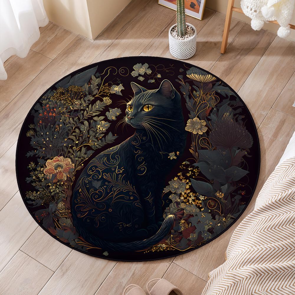 Gothic Style Round Door Mat 32 Inches - Non Slip Floor Mat with Mystical Black Cat & Plant Design, Durable Stitched Edges, Easy to Clean for Indoor Outdoor Use