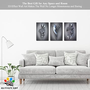 3D Metal Effect Wall Art, Love Heart Gray 3D Art Wall, Silver 3D Art Wall Decor for Living Room, Framed Modern Canvas Art, Valentine's Day Romantic Wall Art for Couples Master Bedroom 16x24x3Pcs