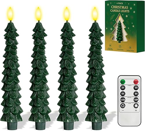 4 velas cónicas sin llama en forma de árbol de Navidad con control remoto y temporizador, candelabros LED de cera real, mecha de llama 3D, velas de