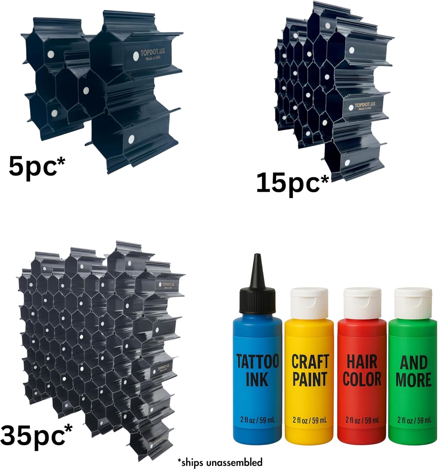 TopDot Storage Organizer for Tattoo Ink, Craft Paint, Hair Color – 35 Piece Set Holds 105 Bottles – Slide-Together Assembly – Made in USA