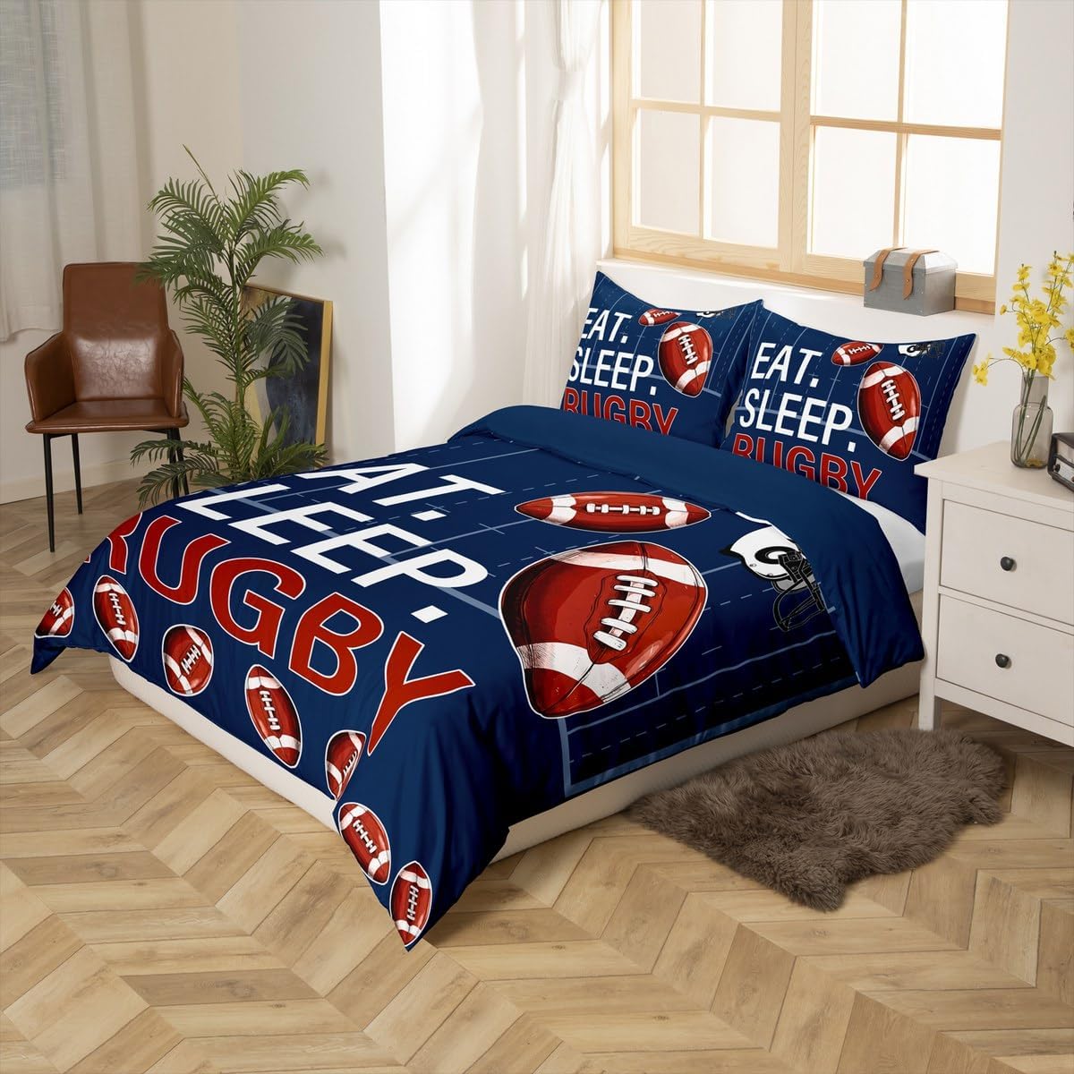 Castle Fairy Football Toddler Bedding Sets 2 Pcs,Geometric Grid Rugby Field Print Duvet Cover for Kids Boys Teens,Western Sports Style Modern Quilt Cover with 1 Pillowcase,No Comforter