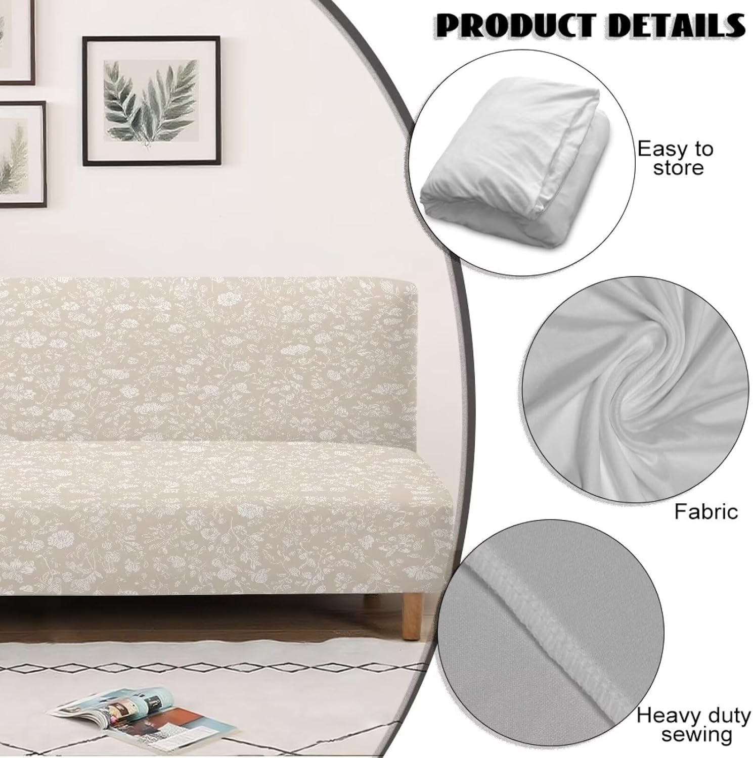 Xoenoiee Armless Sofa Slipcover Stretch Futon Cover Queen Sofa Bed Covers Washable Elastic Couch Cover Home Furniture Protector, Abstract Boho Floral Beige