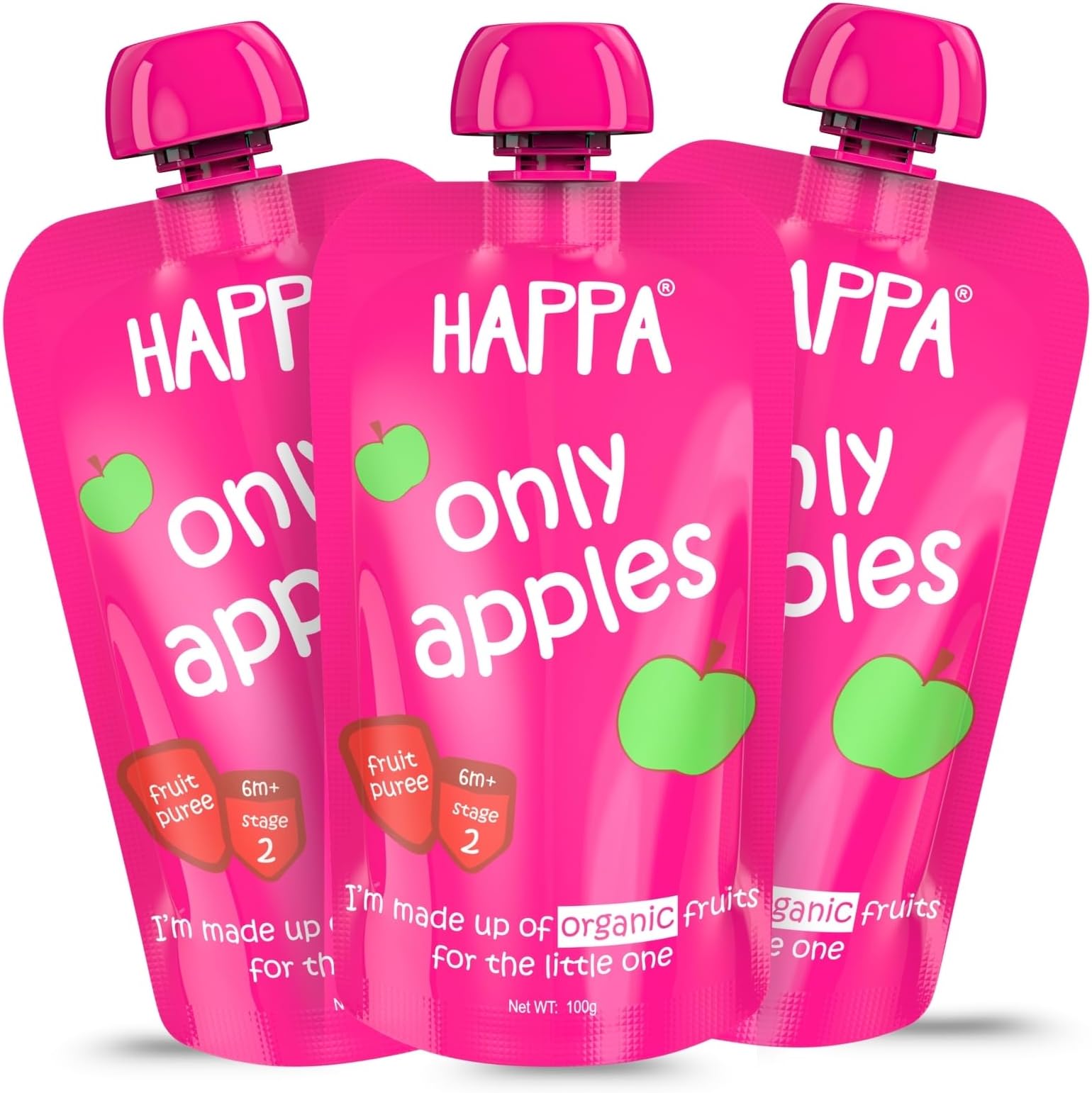 Happa Organic Baby Food Apple Puree | 100% Fruits | No Added Sugar, No Milk Powder, No Preservatives | Stage 1 (6 Months+) | Ready to Eat | Free from Common Allergens | Pack of 3 (100g Each)
