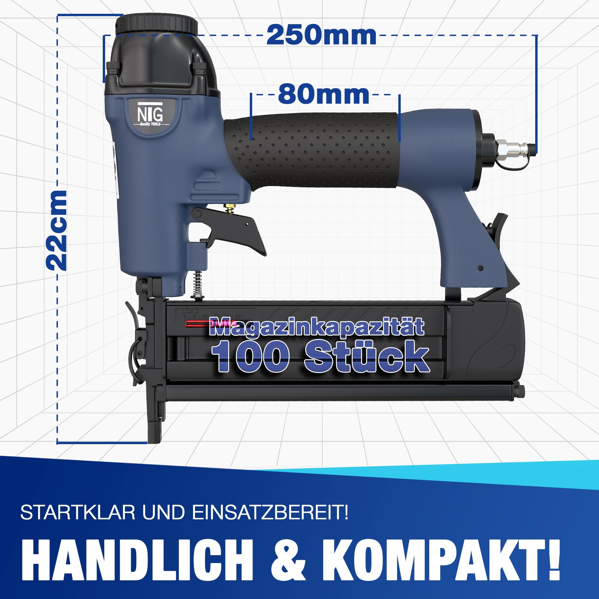 NTG Druckluft Nagler Nagelpistole Komplettset 1,1 kg 100 Stück Magazin 16-40 mm Tacker Klammergerät