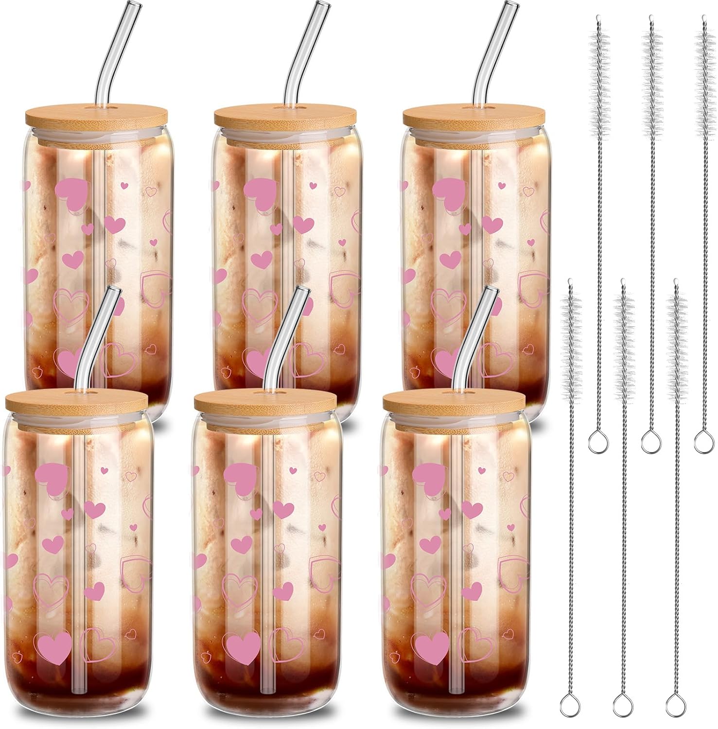 12 Pcs Valentine Gifts Glass Cups with Lids and Straws 16 oz Hearts Iced Coffee Cups Drinking Heart Women Ladies Wife Gift Valentines Day Galentines Party Supplies Wedding Birthday (Pink)