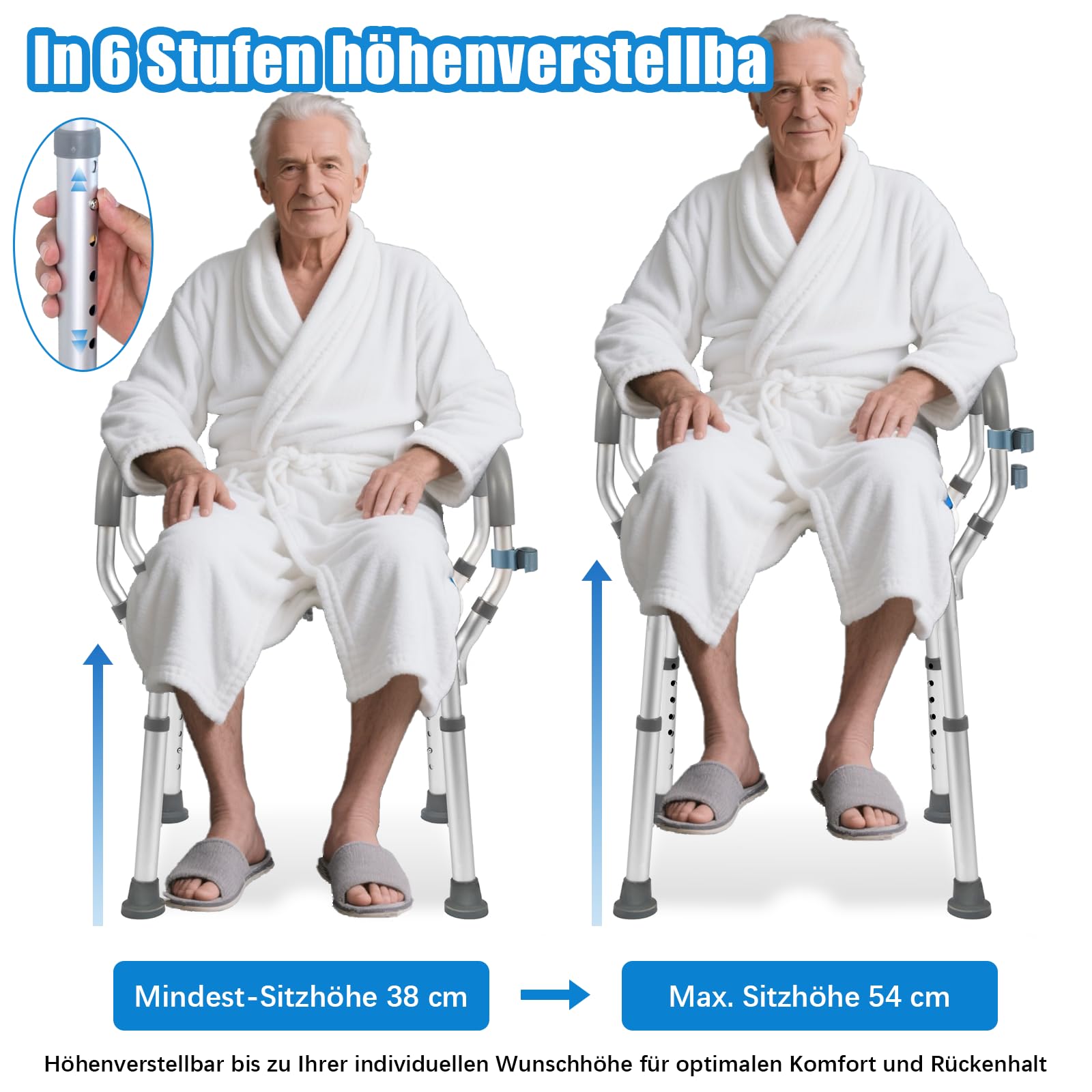 Höhenverstellbarer Duschhocker mit U-Sitz & Duschkopf-Halterung - 6-Stufen Badewannenhocker (38-67cm) aus Aluminium, rutschfest für Senioren und barrierefreies Baden