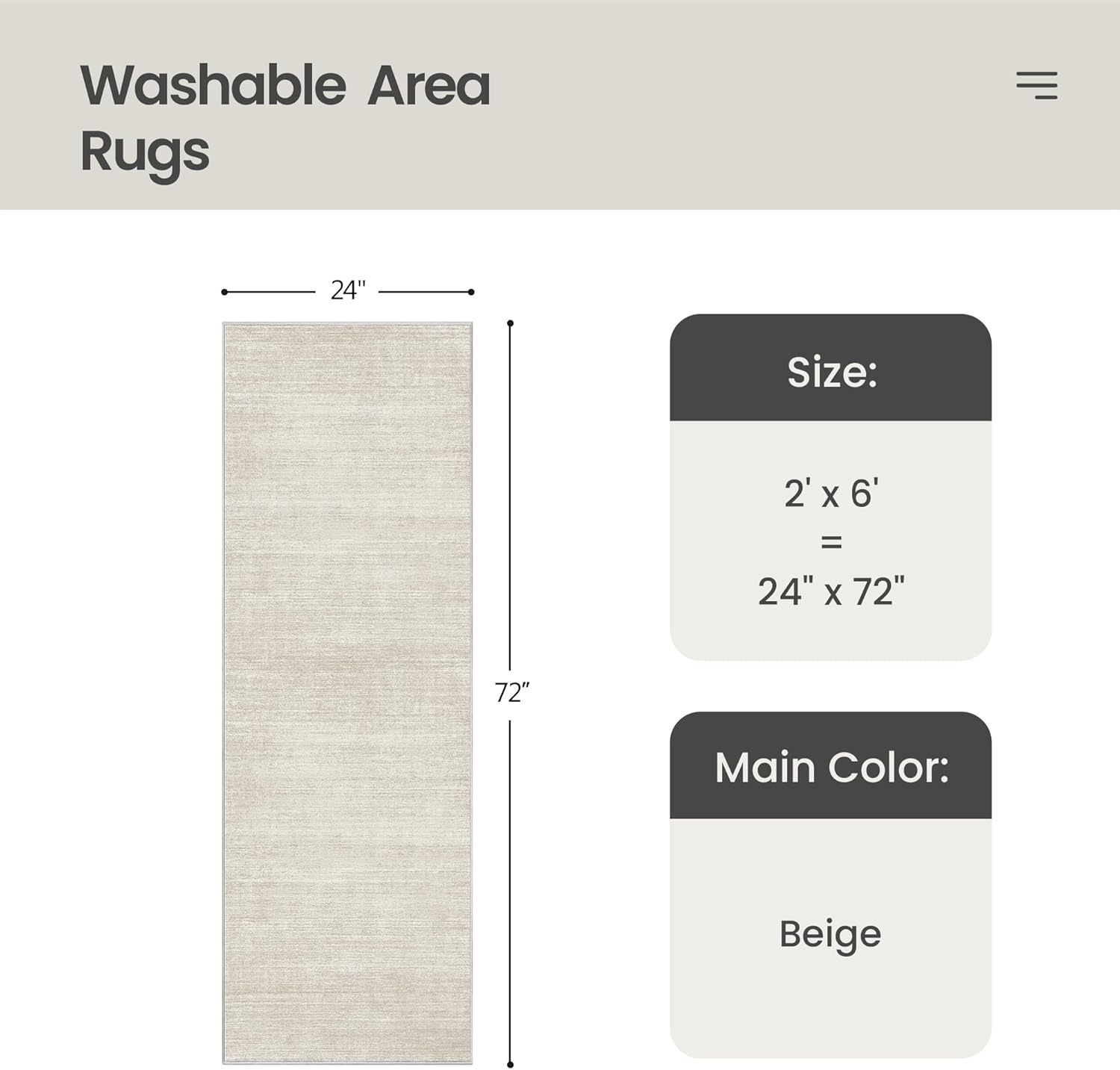 Valenrug Washable Rugs 2x6 - Stain Resistant 2x6 Area Rugs for Living Room, Non Slip Backing Large Area Rugs for Bedroom, Folable Machine Washable Area Rug (2'x6', Beige)