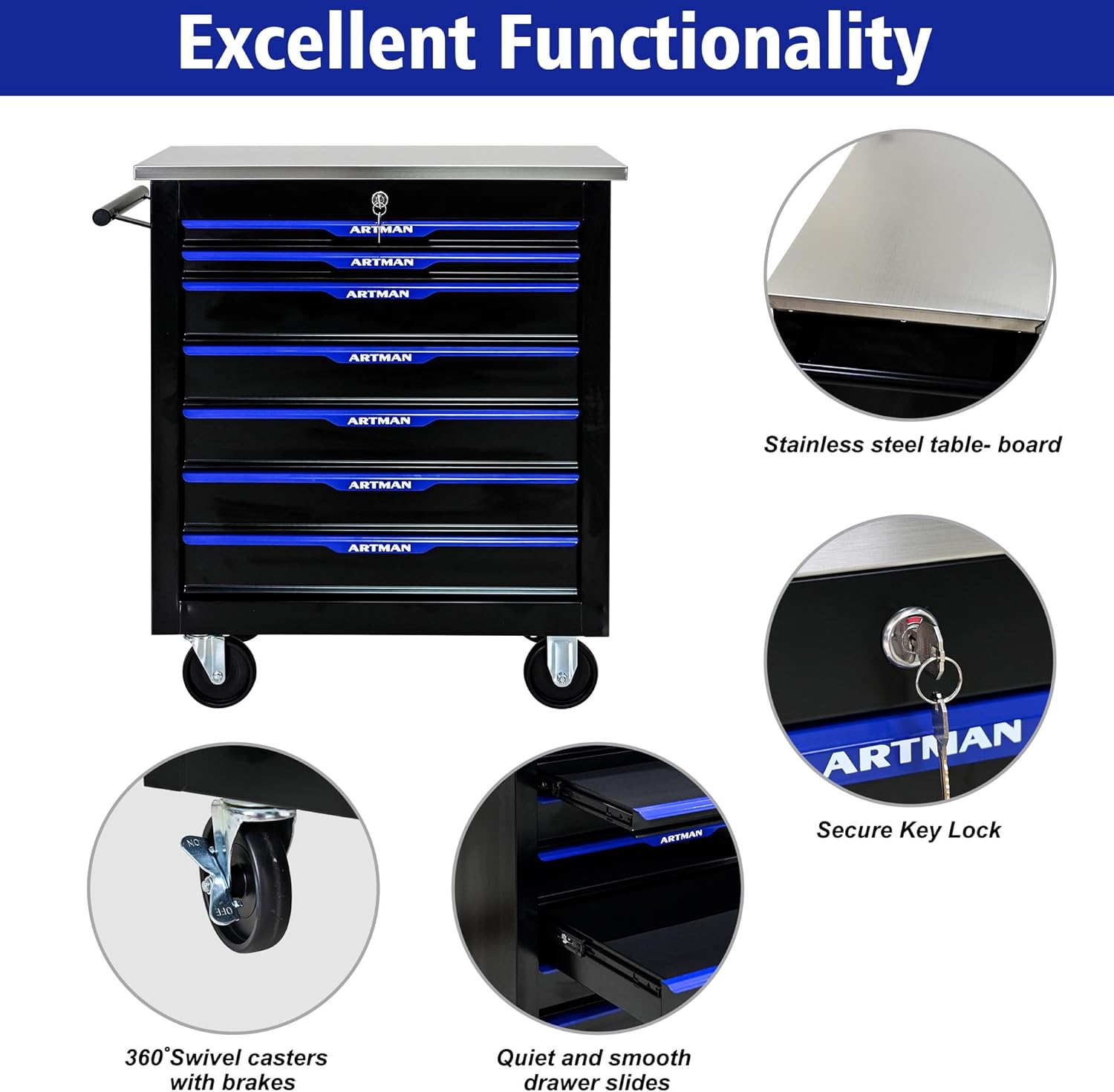 7 Drawers Rolling Tool Box on Wheels, Stainless Steel Countertop Multifunctional Tool Chest Cabinet with Lock, Drawers Rolling Tool Cart Trolley Organizer Tool Storage Case for Garage,Warehouse