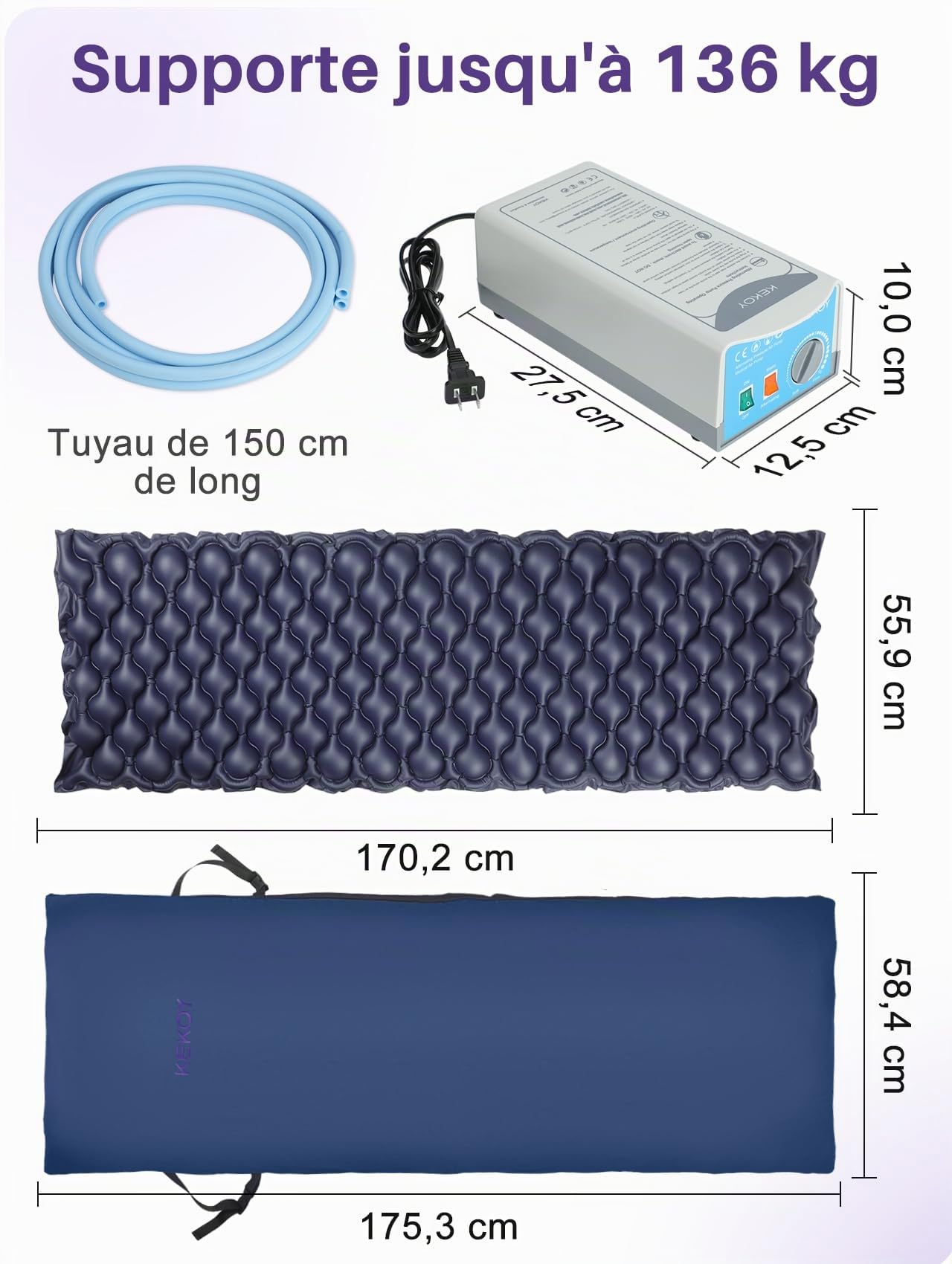 Kekoy Matelas Anti-Escarre pour Fauteuils Relax, Pompe Silencieuse, Housse Imperméable, Idéal pour Personnes Âgées et Récupération Postopératoire, 170x56 cm, Bleu Clair