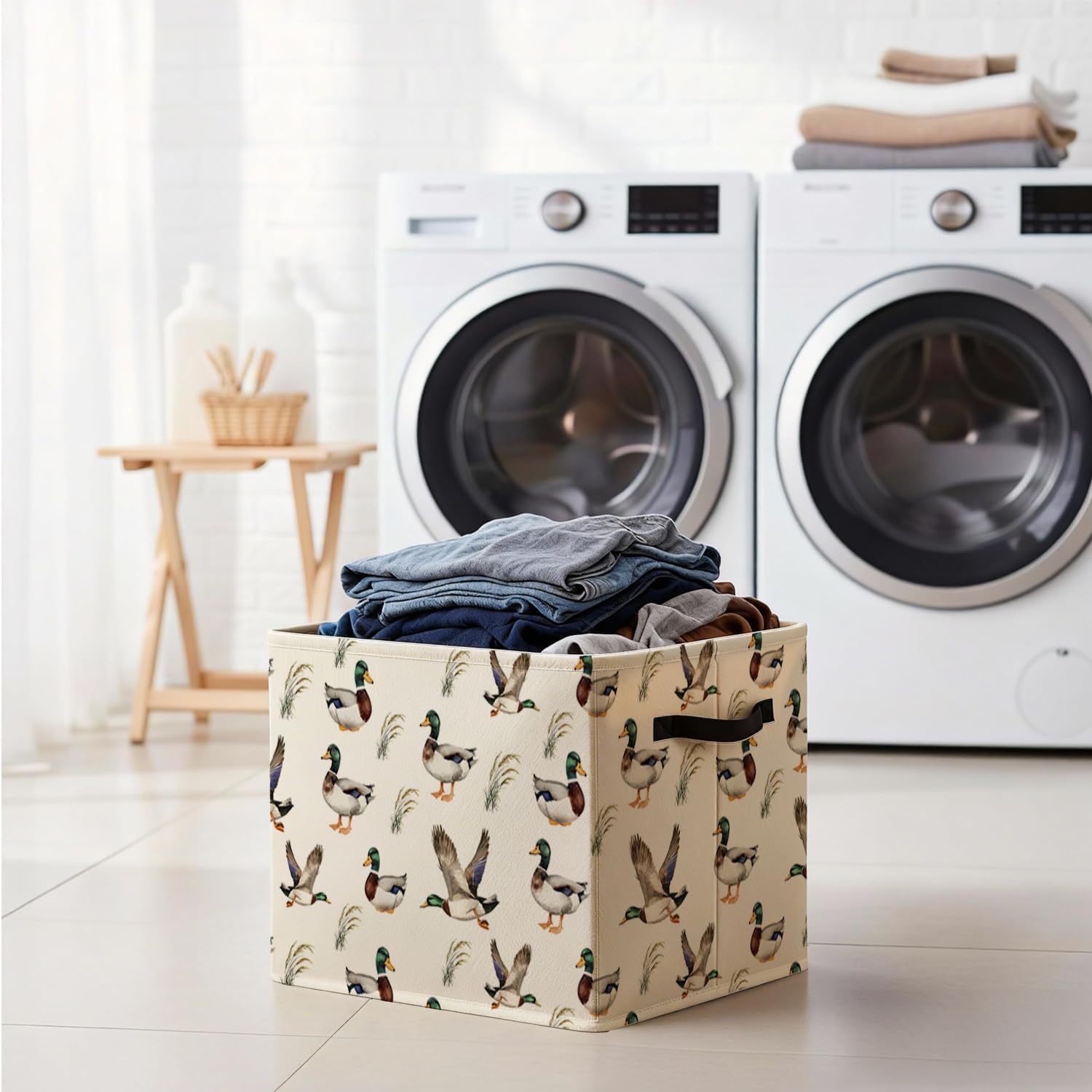 Mallard Duck Nursery Storage Bin Box with Handles, Countryside Flying Mallard Duck Foldable Baskets Organizer for Kids Room Bedroom Bathroom Clothes Toys Books, Toybox for Boys